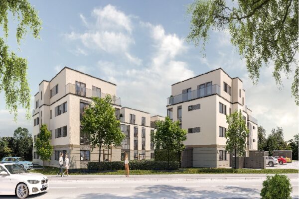 Visualisierung des Projektes von der Straße aus mit Blick auf die Wohnanlage der 28 Wohnungen