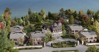 Visualisierung der Vogelperspektive des Projekts am Starnberger See bei München mit den einzelnen Häusern und Grünanlagen, sowie Blick aufs Wasser