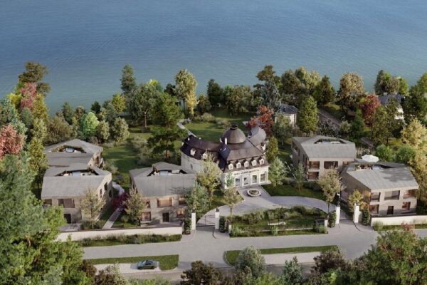 Visualisierung der Vogelperspektive des Projekts am Starnberger See bei München mit den einzelnen Häusern und Grünanlagen, sowie Blick aufs Wasser