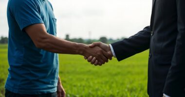 Bauer und Geschäftsmann schütteln Hände vor Grünfläche, was eine erfolgreiche Geschäftsvereinbarung oder Partnerschaft symbolisiert, Handschlag
