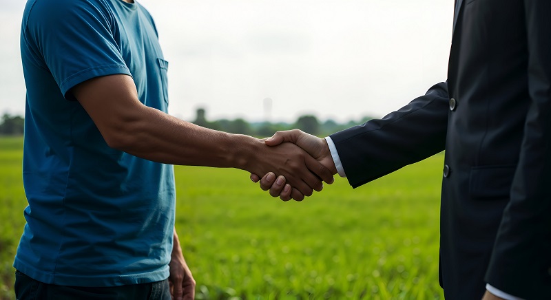 Bauer und Geschäftsmann schütteln Hände vor Grünfläche, was eine erfolgreiche Geschäftsvereinbarung oder Partnerschaft symbolisiert, Handschlag