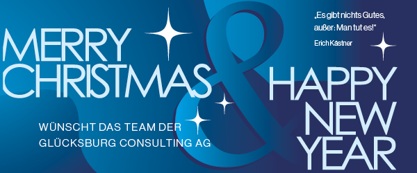 Weihnachtskarte GLC AG mit Merry Christmas und Happy new year in Blau deisgnt