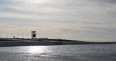 Trischendiek Strand vom Watt aus mit Badeturm in Friedrichskoog