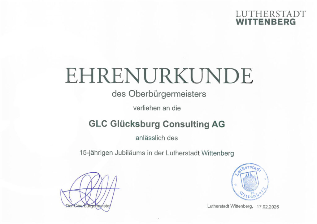 Ehrenurkunde des Oberbürgermeisters der Lutherstadt Wittenberg an die GLC AG